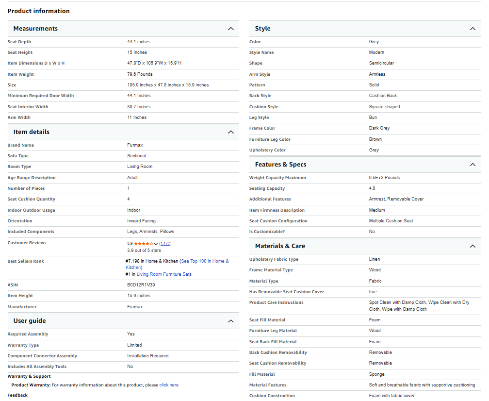 Furniture Specification Template
